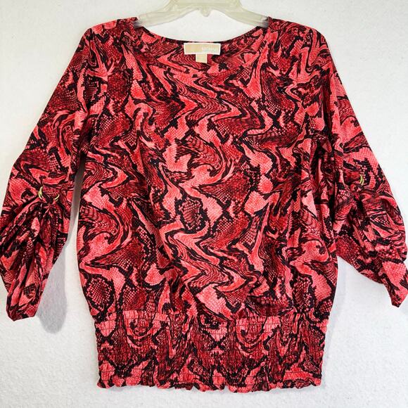 Michael Kors Tops - Michael Kors MK Black & Red Snake Skin Print Blouse 3/4 Roll Tab Sleeves Medium